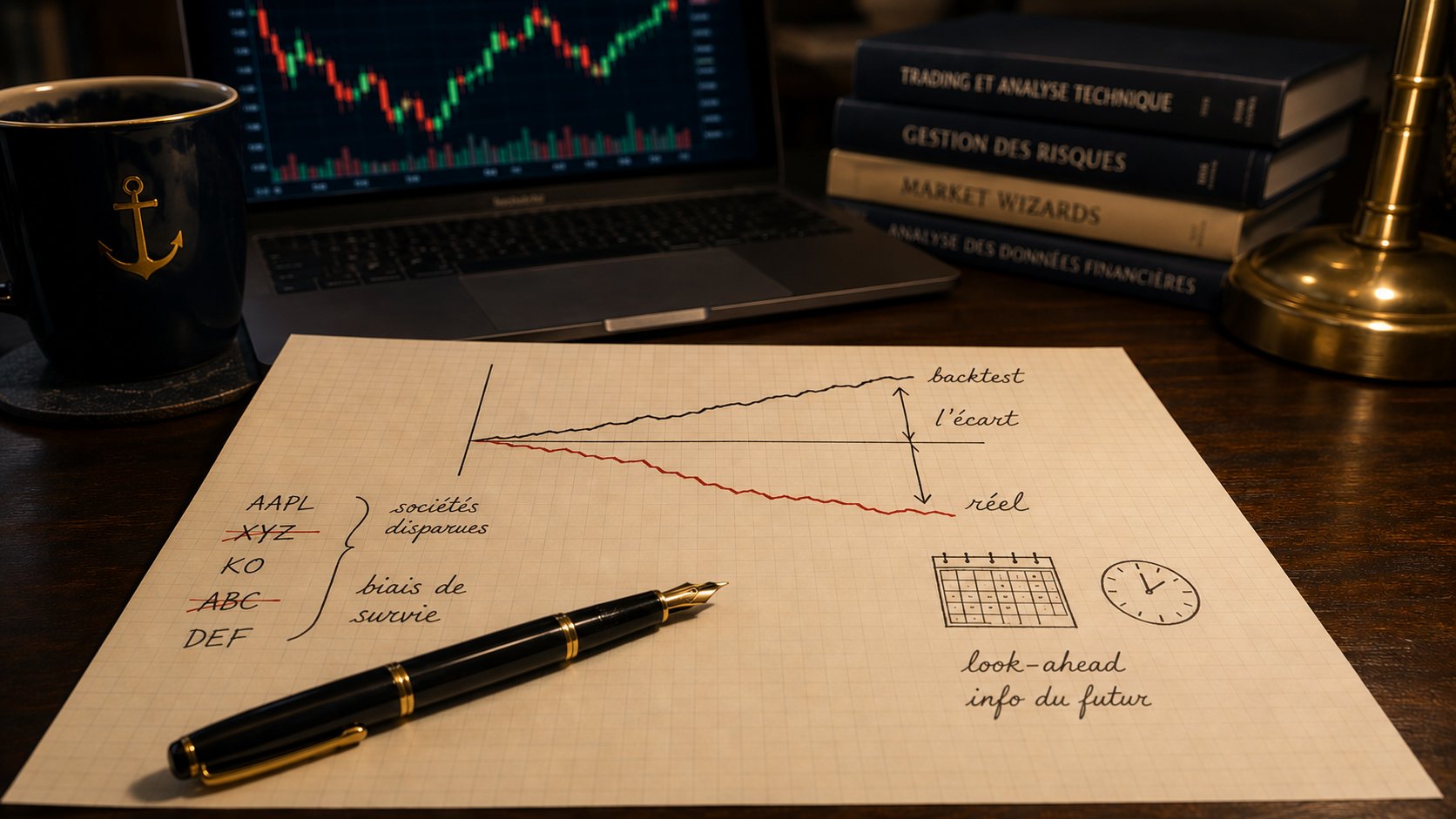 Feuille d'analyste illustrant le biais de survie et le look-ahead qui gonflent une courbe de backtest