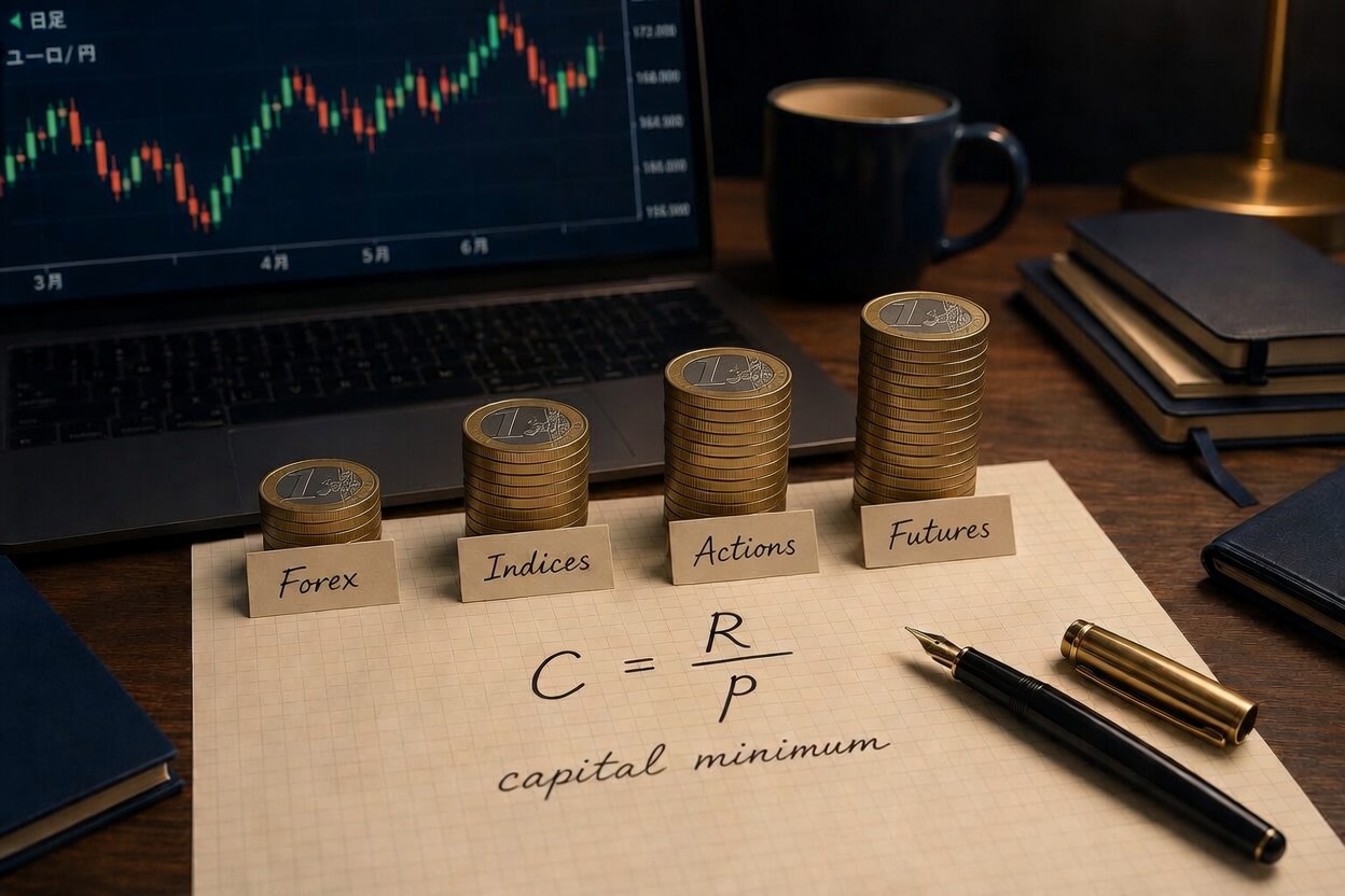 Vue de bureau d'analyste avec la formule manuscrite C egale R divise par p sur une feuille de papier quadrille creme, entouree de petites piles de pieces d'euros de tailles differentes etiquetees Forex, Indices, Actions et Futures, ambiance professionnelle navy et creme