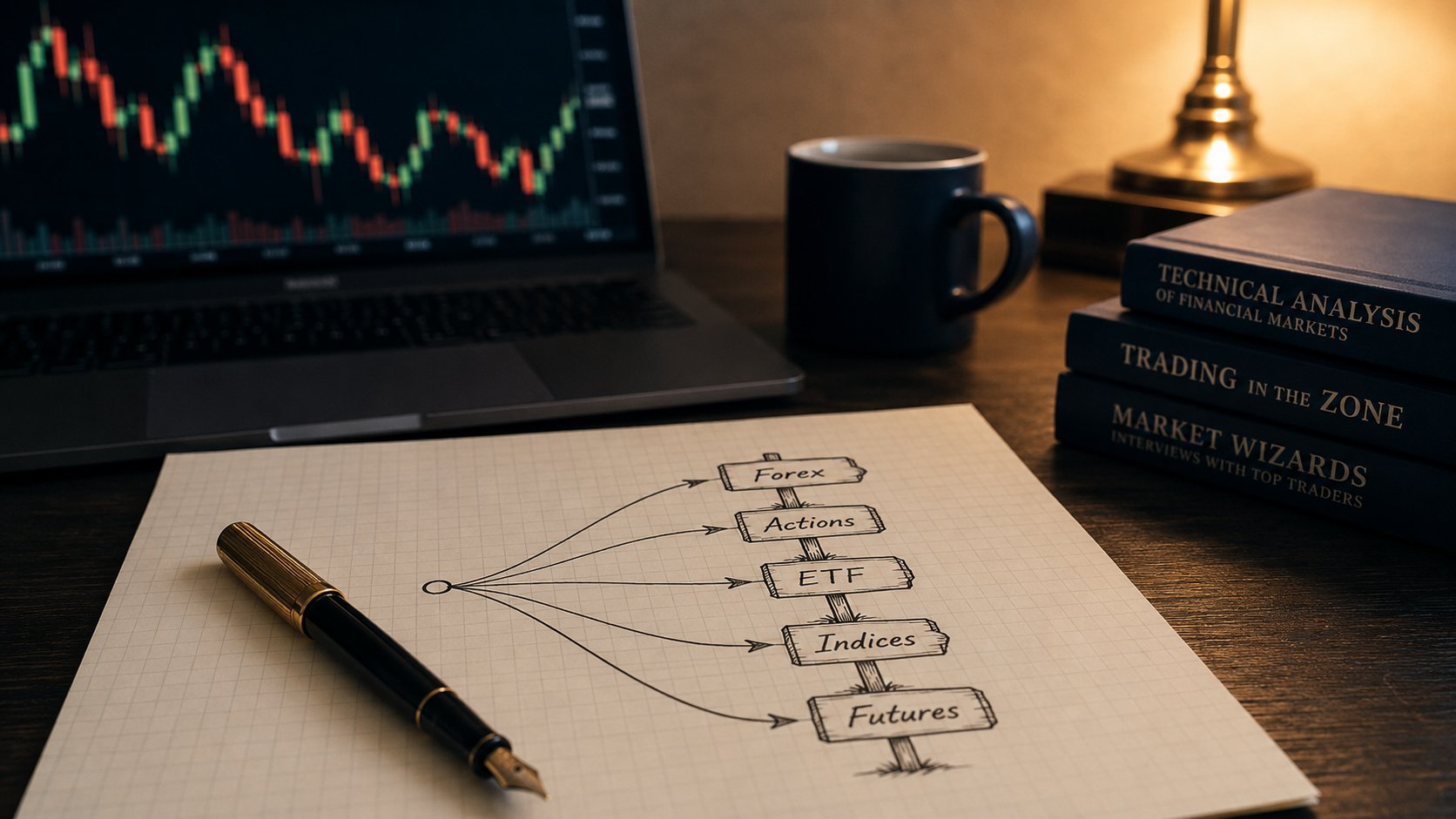 Cinq panneaux manuscrits étiquetés Forex, actions, ETF, indices et futures sur une feuille quadrillée, illustrant le choix du marché en trading
