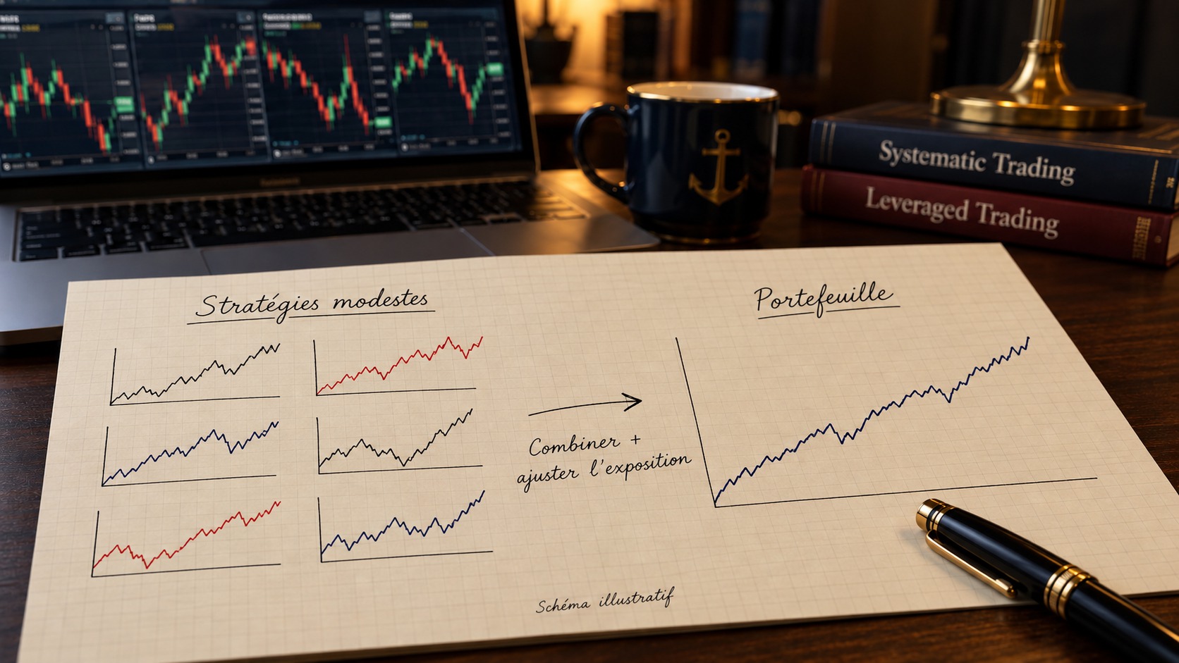 Six petites courbes de stratégies de trading réunies en une courbe de portefeuille plus régulière sur une feuille quadrillée