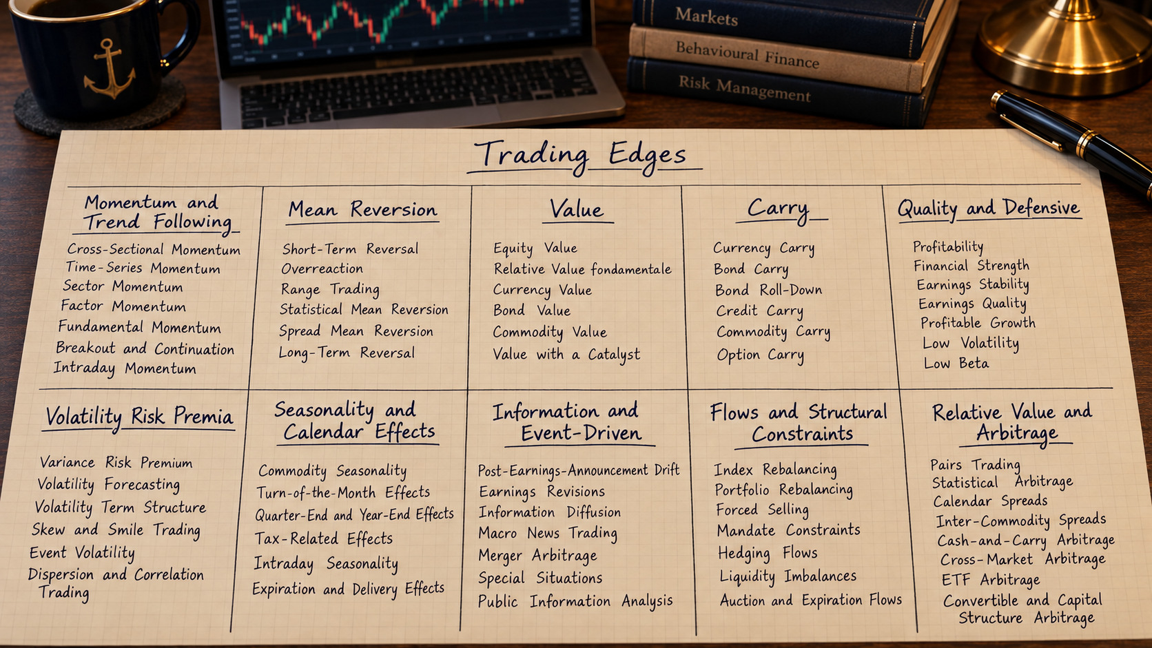 Feuille quadrillée présentant les dix familles d’edges en trading et leurs sous-catégories sur un bureau en bois