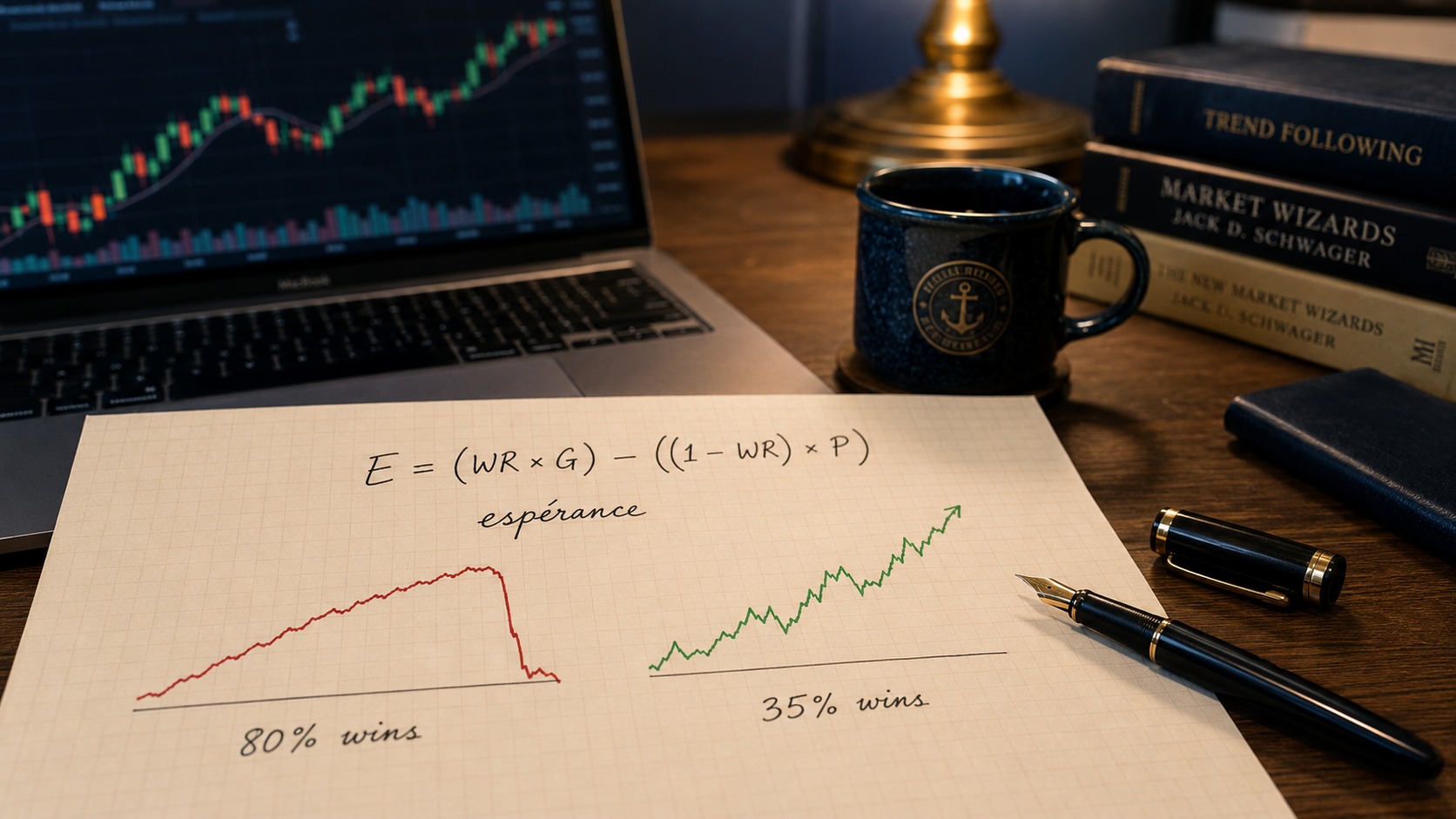 Feuille de papier crème avec la formule manuscrite de l'espérance par trade et deux equity curves dessinées à la main : une courbe rouge à 80% de win rate qui monte puis plonge violemment, et une courbe verte à 35% de win rate chahutée mais ascendante, posée sur un bureau d'analyste avec stylo plume, mug et MacBook en arrière-plan