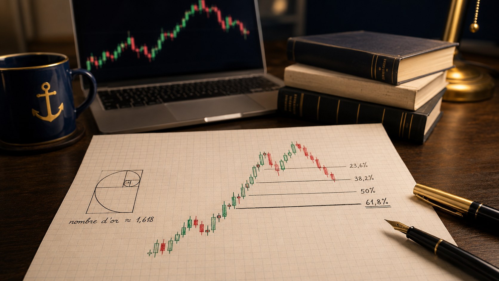 Graphique en chandelles dessiné à la main avec des niveaux de retracement de Fibonacci annotés et une spirale du nombre d'or, sur un bureau d'analyste