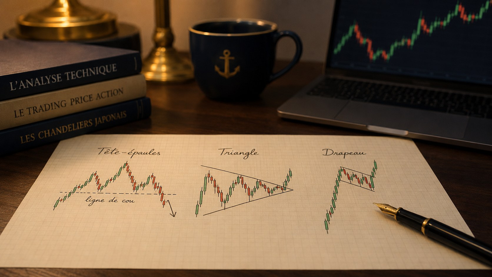 Figures chartistes dessinées à la main — tête-épaules avec ligne de cou, triangle et drapeau — sur un bureau d'analyste