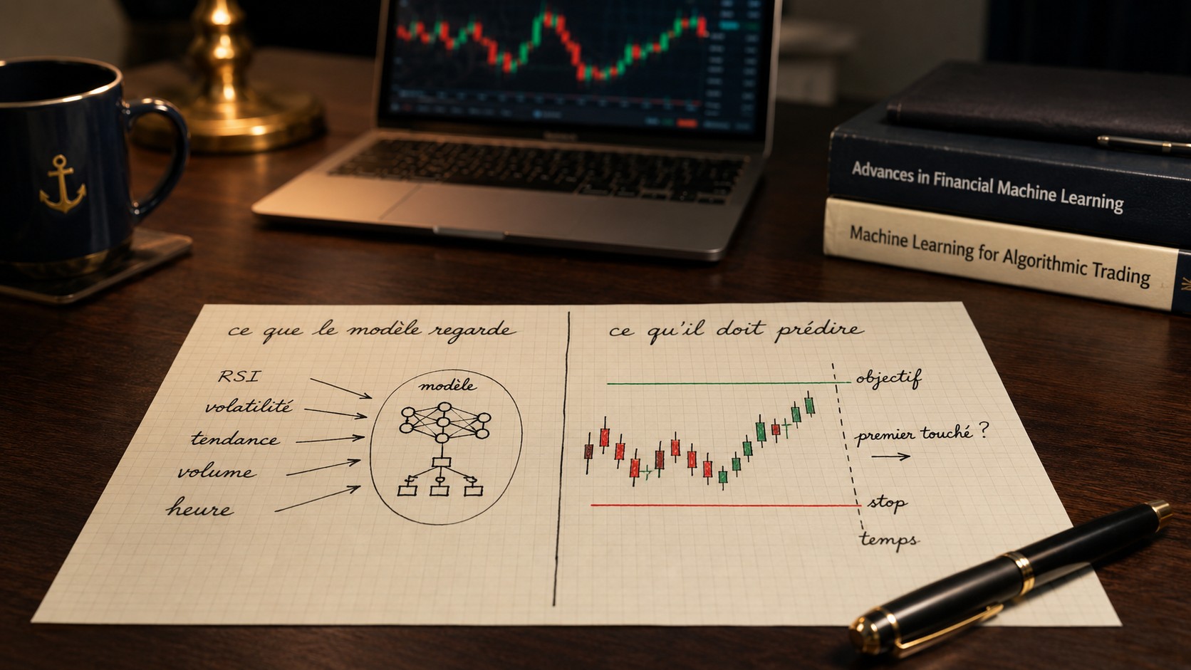 Feuille d'analyste illustrant les données qu'un modèle d'IA regarde et la cible qu'il apprend à prédire en trading