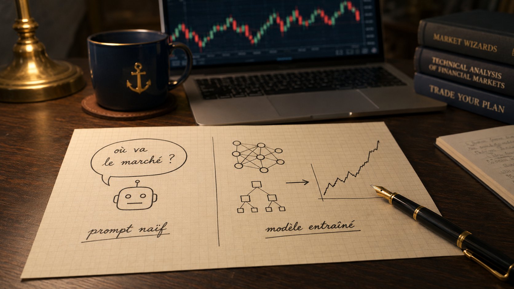 Feuille manuscrite comparant un prompt naïf à ChatGPT et un modèle d'IA entraîné pour le trading