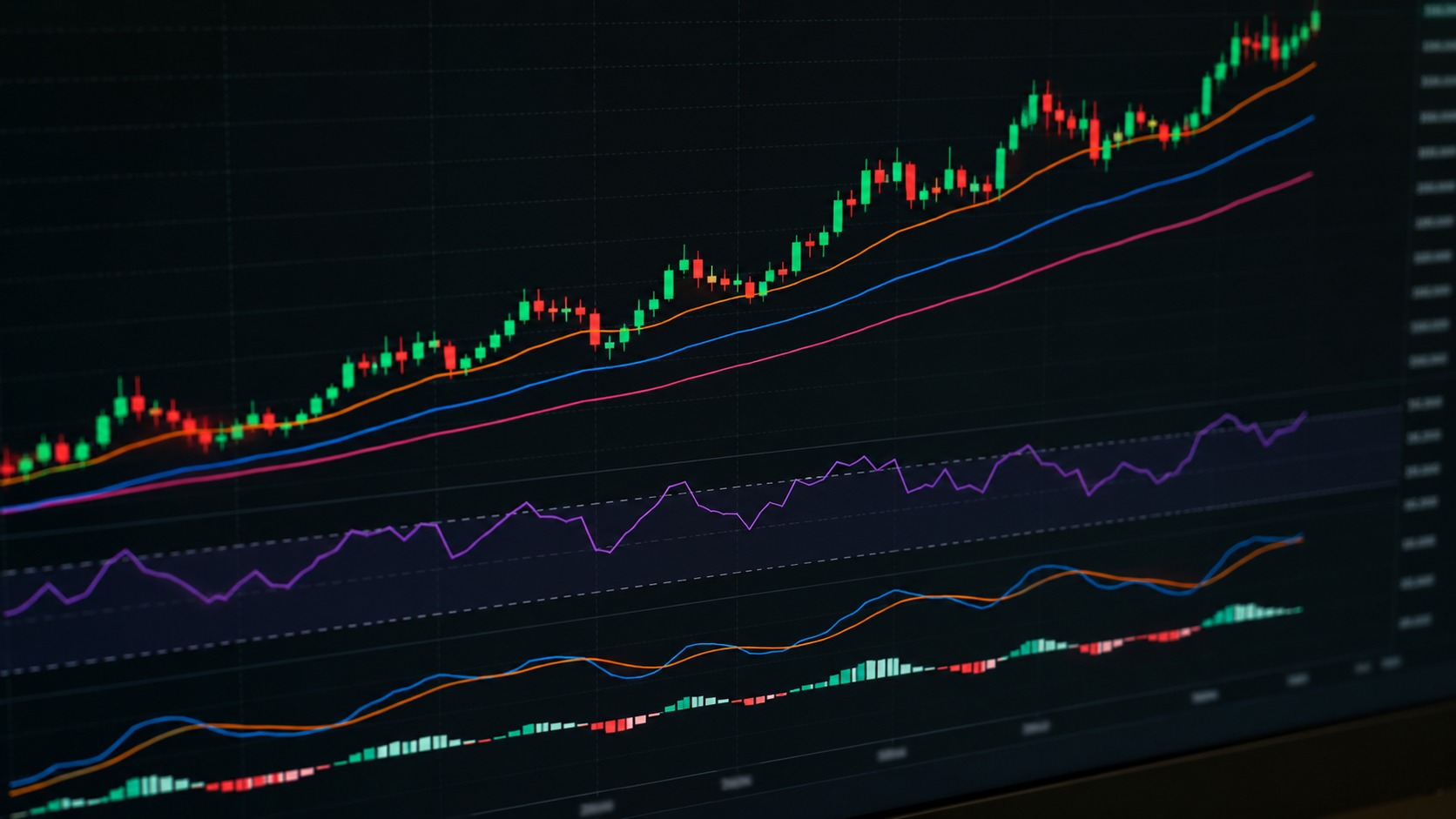 Graphique de trading affichant plusieurs indicateurs techniques superposés — moyennes mobiles colorées et oscillateurs empilés