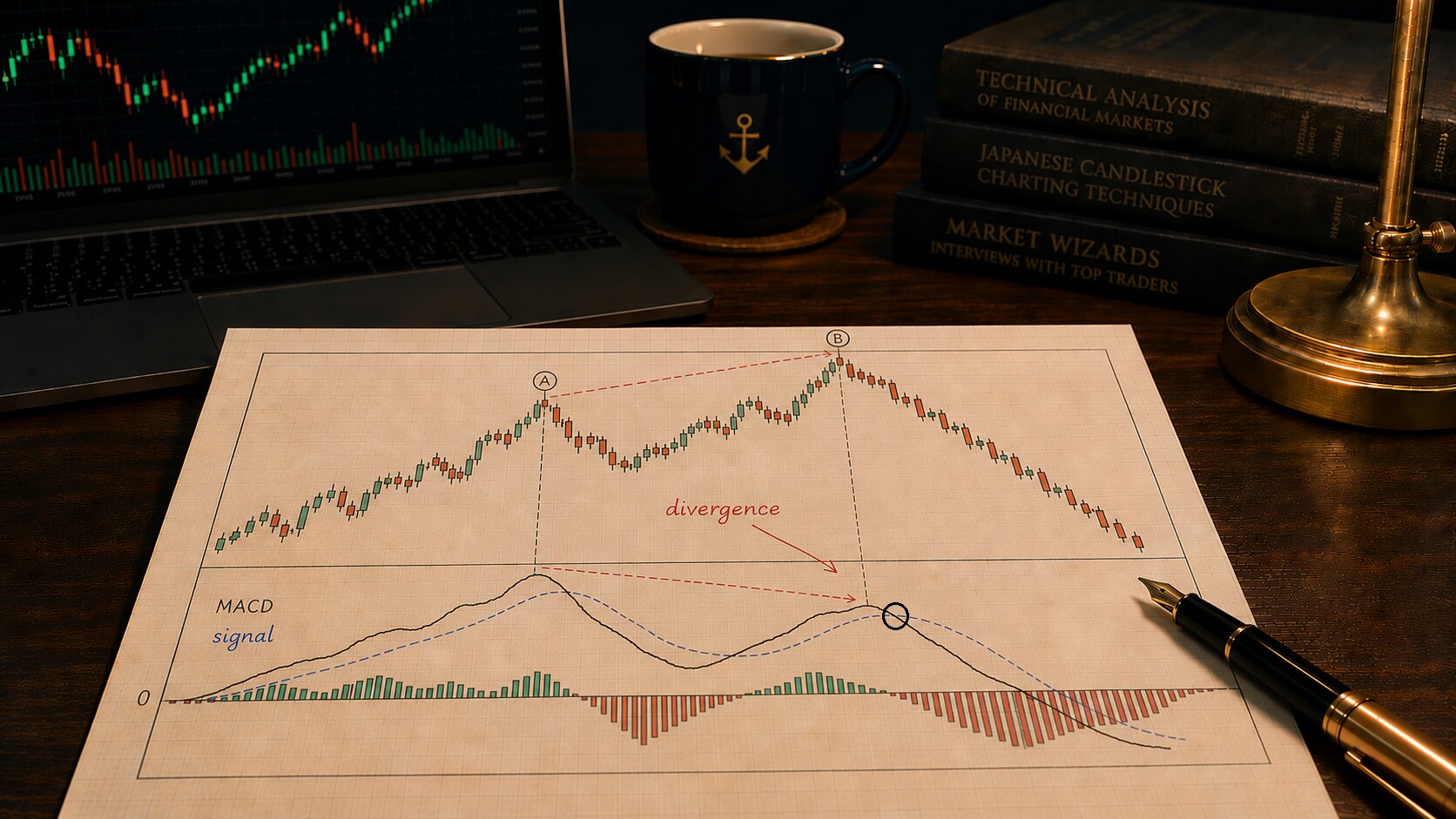 Histogramme MACD et sa ligne de signal affichés sous un graphique en chandelles, illustrant le croisement et la divergence de momentum