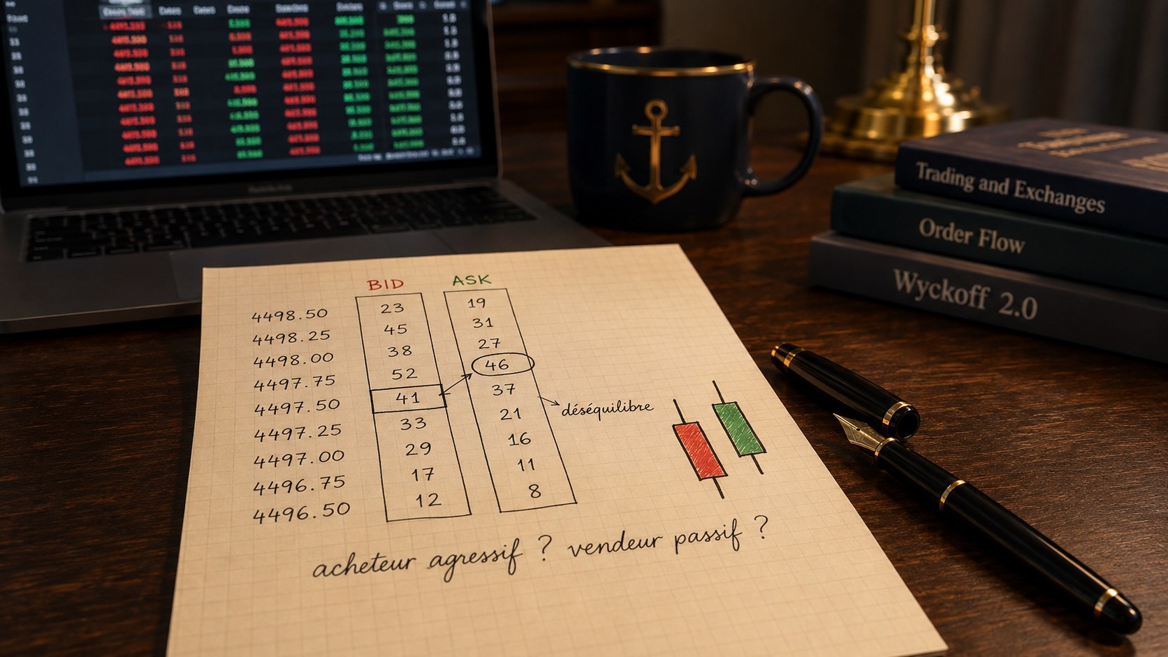 Schéma d'order flow dessiné à la main avec colonnes Bid et Ask, un déséquilibre entouré, illustrant la lecture du carnet d'ordres et son ambiguïté