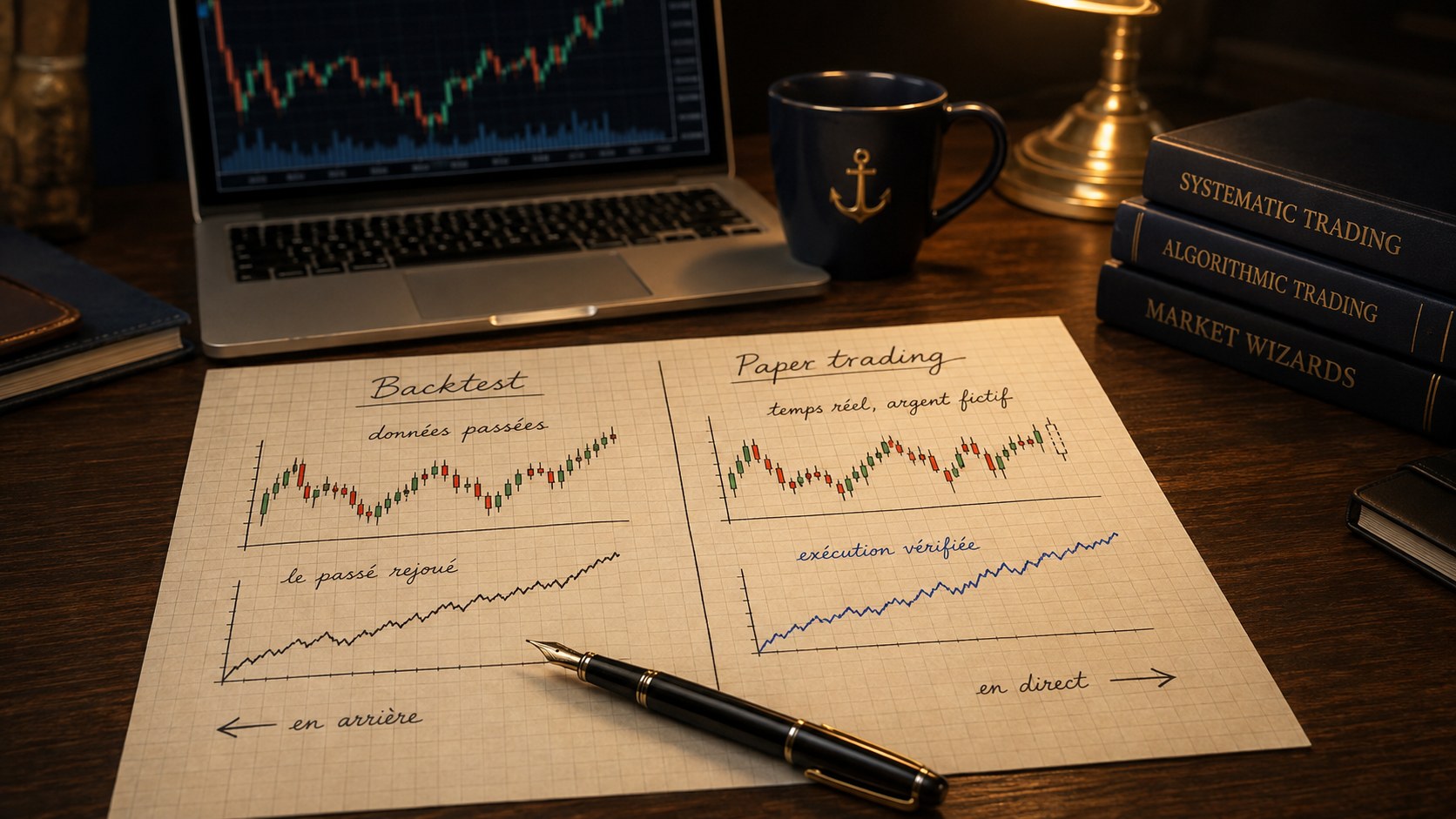 Feuille quadrillee avec a gauche un backtest sur donnees passees et a droite un paper trading en temps reel, deux equity curves comparees, palette bleu marine et creme