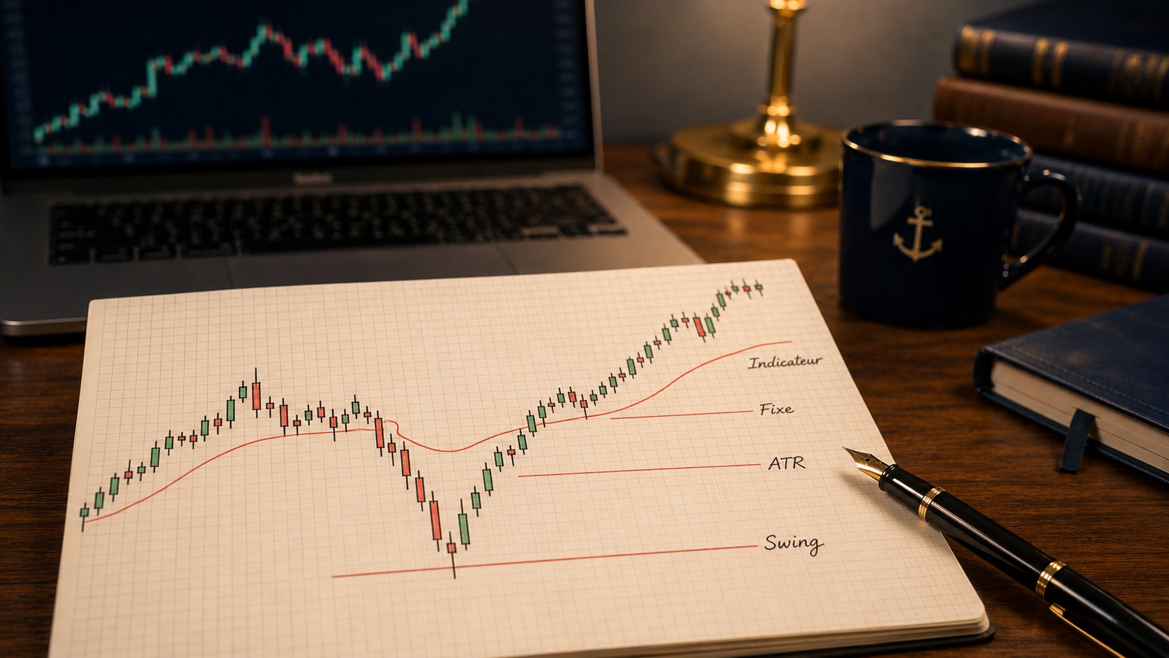 Bureau d'analyste vu en légère plongée avec une feuille de papier quadrillé crème portant un graphique en chandelles dessiné à la main et quatre lignes de stop-loss tracées en rouge à des distances différentes, chacune annotée à la main avec ATR, swing, distance fixe et indicateur