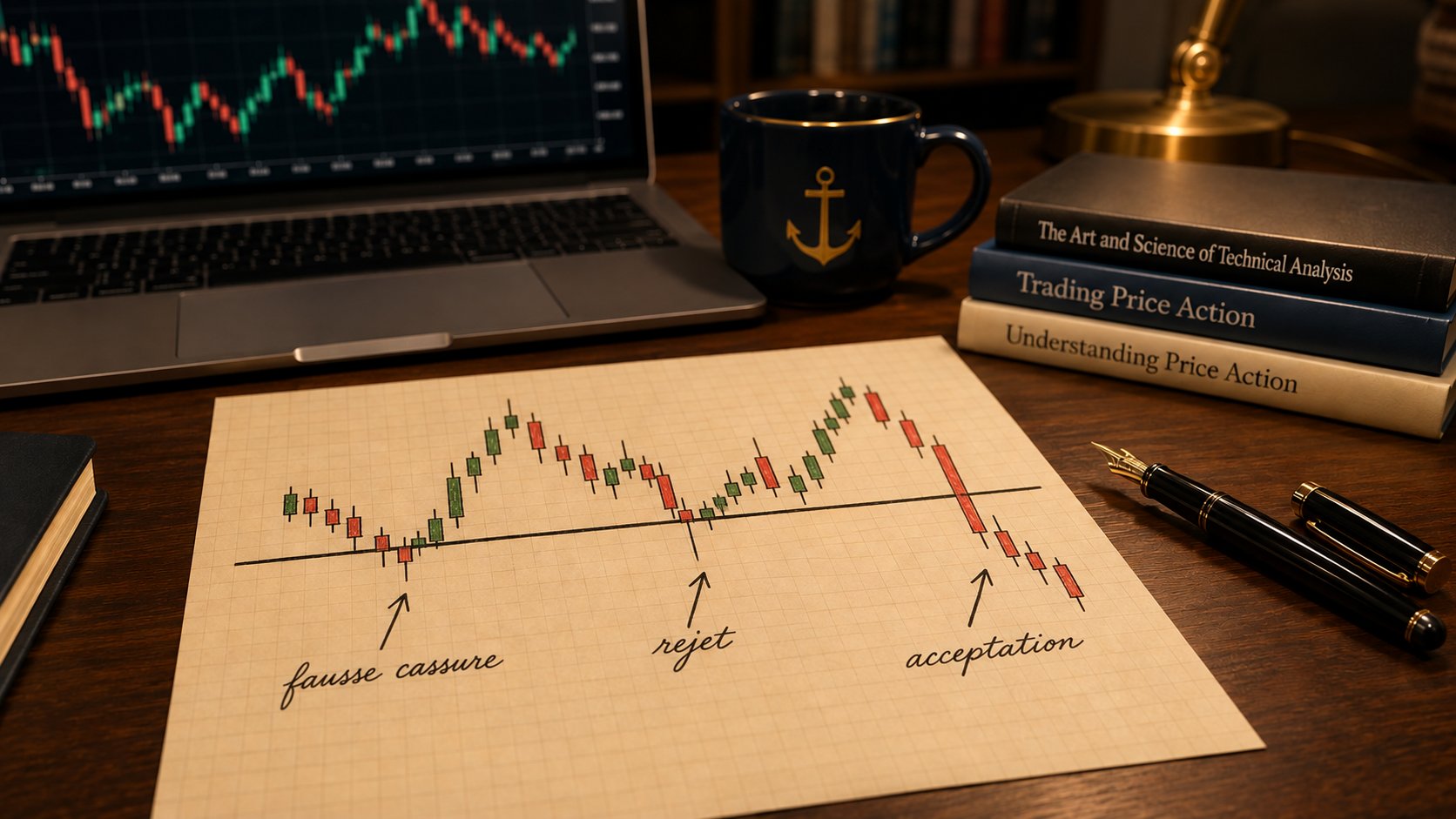 Graphique en chandelles dessiné à la main avec niveaux, rejet et fausse cassure pour illustrer le price action