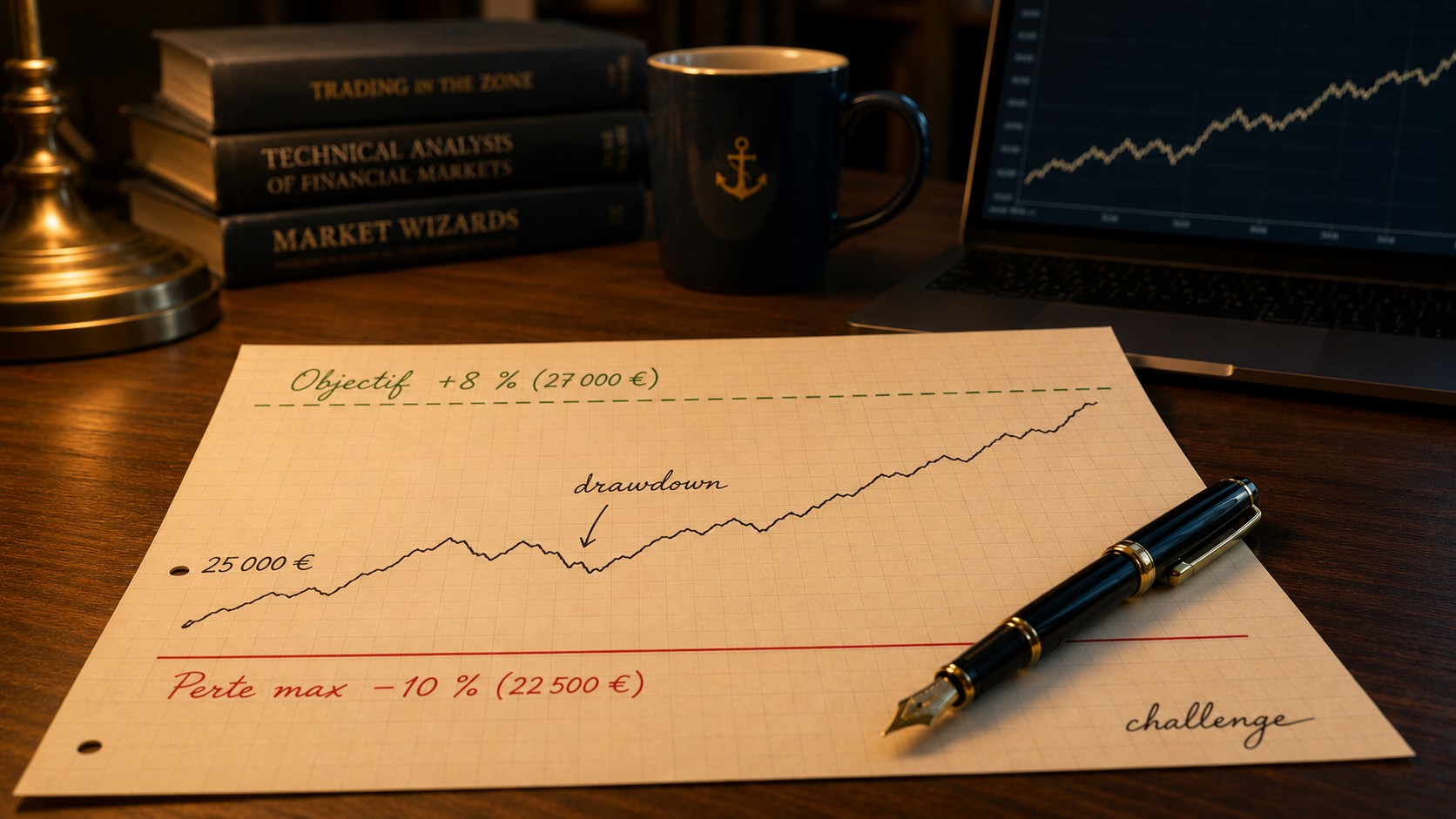 Courbe de capital manuscrite entre un objectif de gain et une ligne rouge de perte maximale, les règles d'un challenge de prop firm