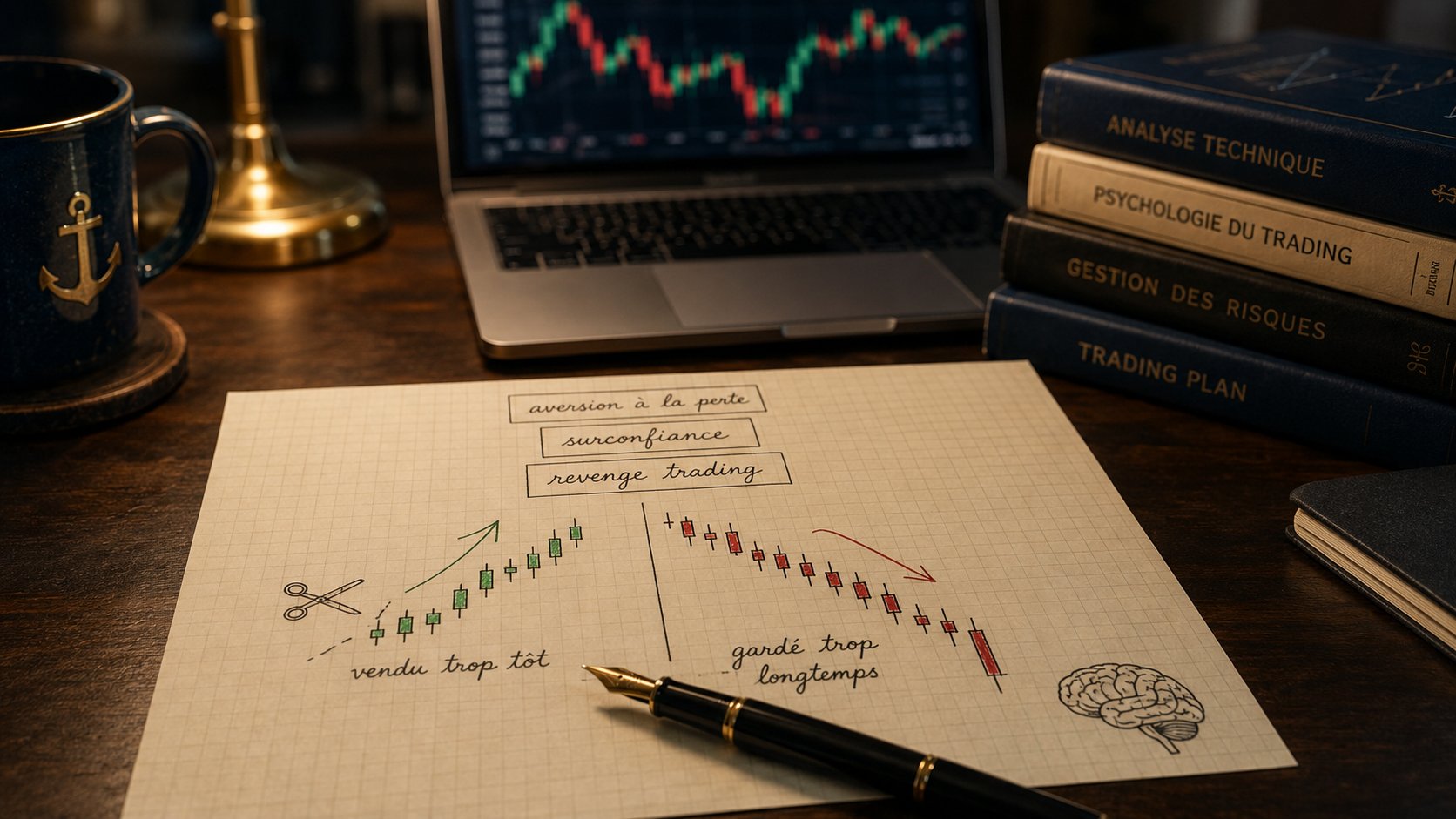 Feuille d'analyste illustrant les biais psychologiques du trading : gains coupés trop tôt, pertes gardées trop longtemps