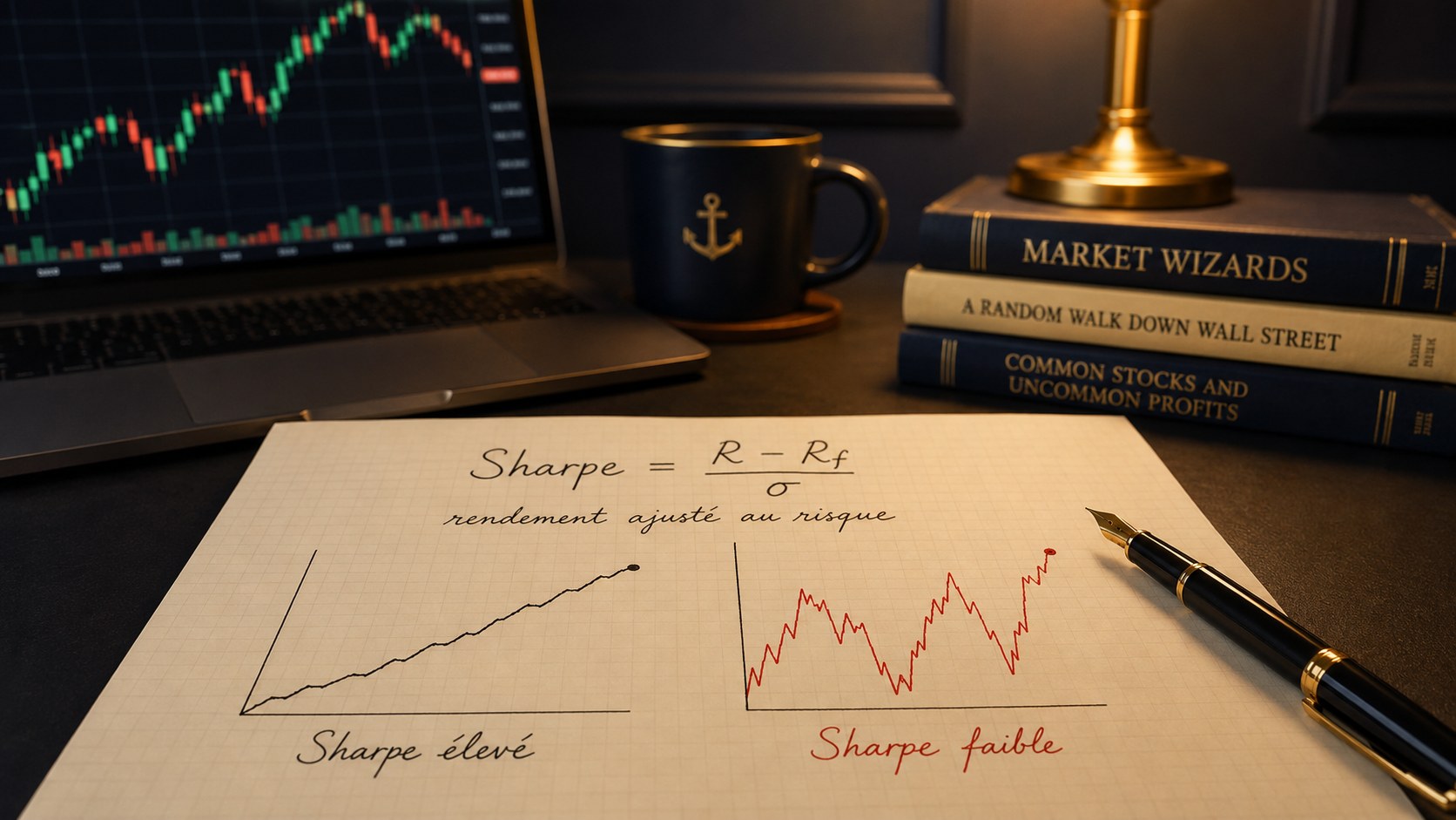 Formule manuscrite du ratio de Sharpe et deux courbes de capital comparant une stratégie régulière et une stratégie volatile