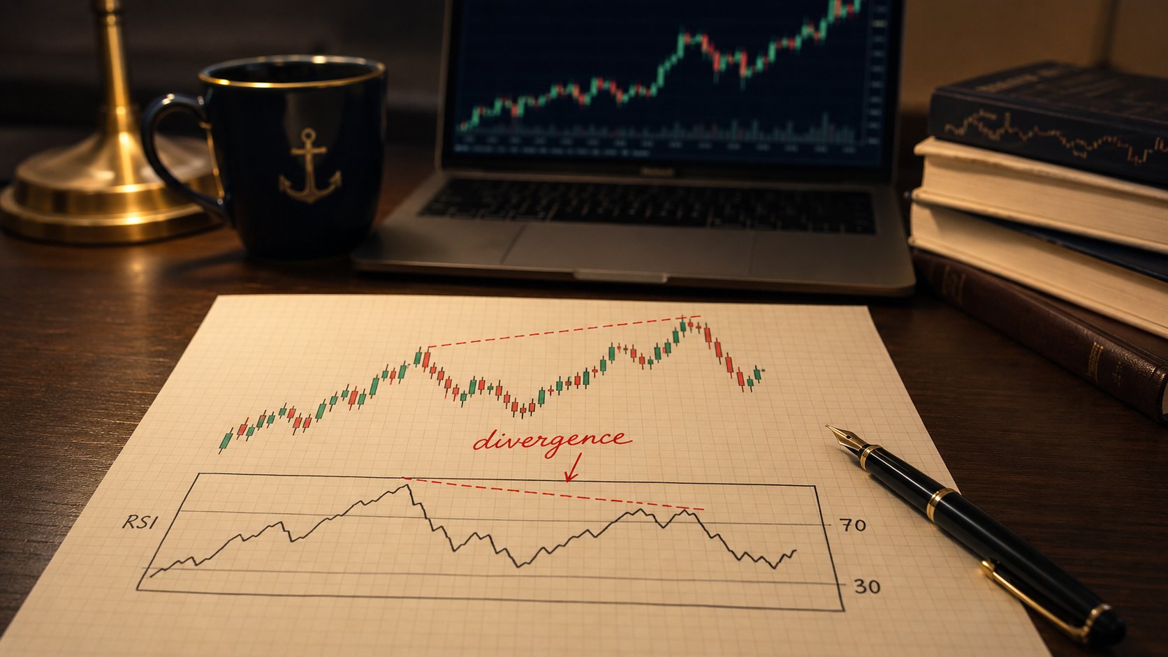 Graphique en chandelles dessiné à la main avec un oscillateur RSI en dessous, montrant une divergence entre un prix qui monte et un RSI qui baisse, sur un bureau d'analyste, papier quadrillé crème et palette navy