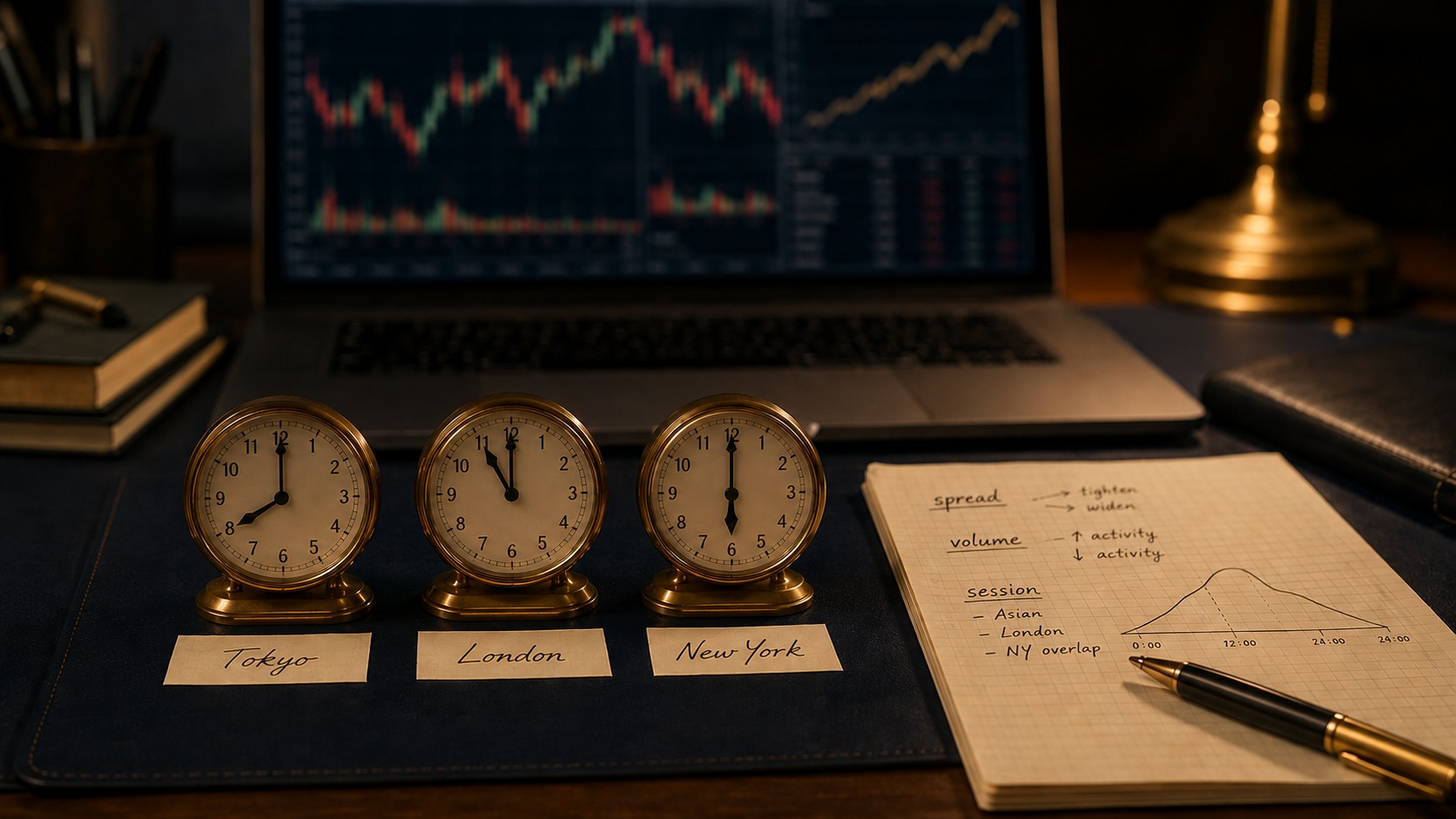 Trois horloges de bureau alignées indiquant les heures de Tokyo, Londres et New York, posées devant un écran de trading affichant plusieurs graphiques de marchés