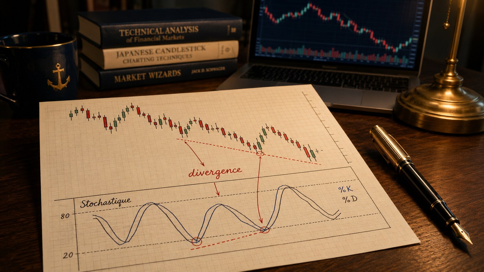 Oscillateur de type Stochastique affiché sous un graphique en chandelles japonaises sur une plateforme de trading, illustrant les zones de surachat et survente