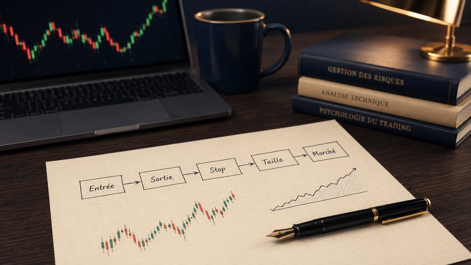 Schéma manuscrit d'une stratégie de trading sur papier quadrillé crème reliant cinq étapes — entrée, sortie, stop, taille, marché — avec un graphique en chandelles et une courbe de capital sur un bureau d'analyste
