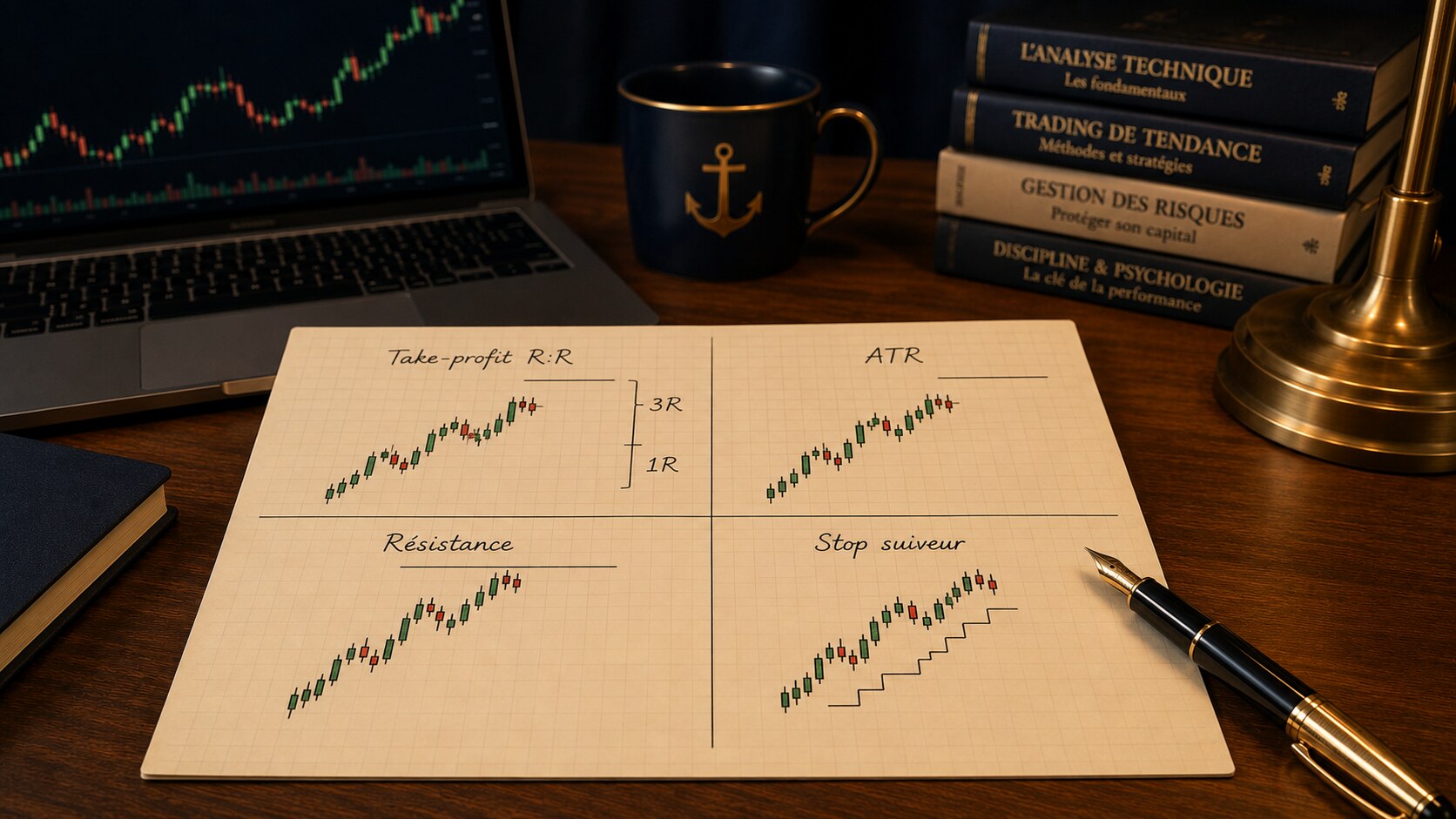 Grille de quatre mini-graphiques en chandelles dessinés à la main sur papier quadrillé crème, comparant quatre méthodes de take-profit — ratio R:R avec repères 1R et 3R, objectif sur volatilité ATR, cible sur résistance et stop suiveur en escalier — sur un bureau d'analyste, ambiance navy et crème