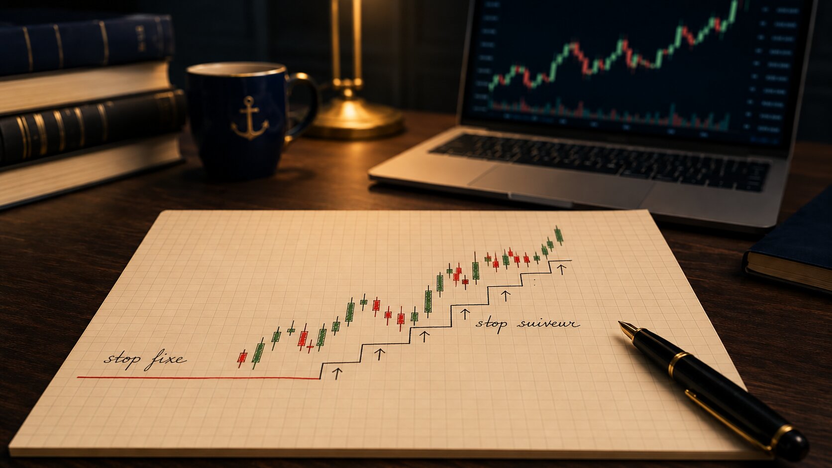 Graphique de trading illustrant un trailing stop qui suit le prix, comparé à un stop-loss fixe