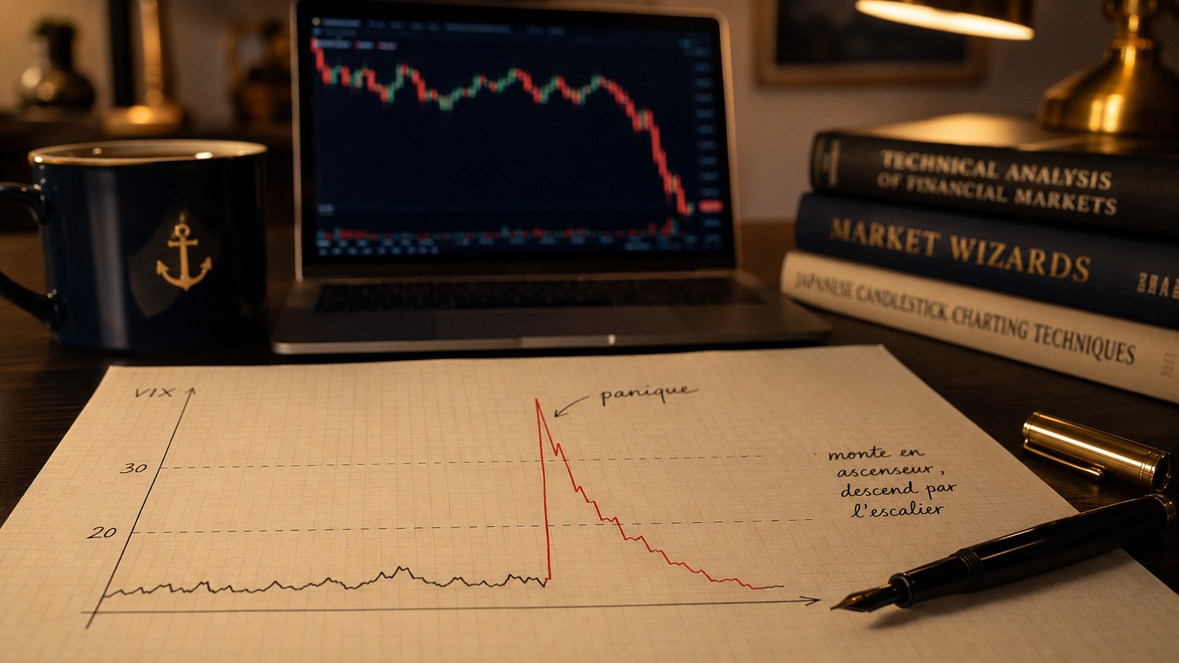 Courbe du VIX dessinee a la main avec un pic de volatilite annote, sur un bureau d'analyste