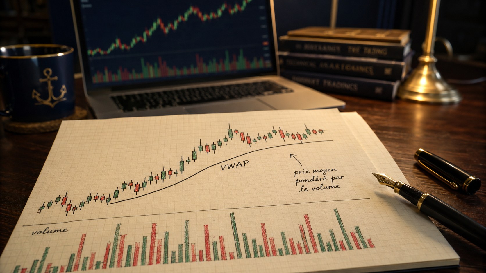Schéma dessiné à la main d'un graphique avec ligne VWAP et barres de volume, illustrant le prix moyen pondéré par le volume