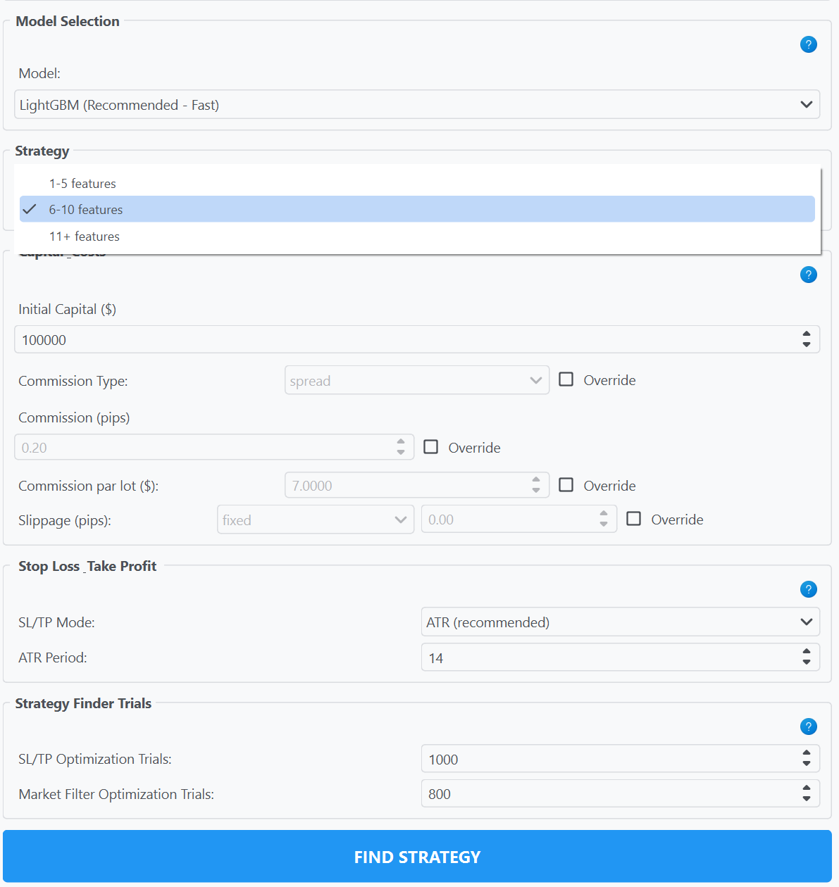 Panneau de configuration du mode Simple : modèle LightGBM (Recommended - Fast) pré-sélectionné, préset 6-10 features encadré en bleu, capital initial, mode SL/TP ATR (recommended), bouton FIND STRATEGY en bas.