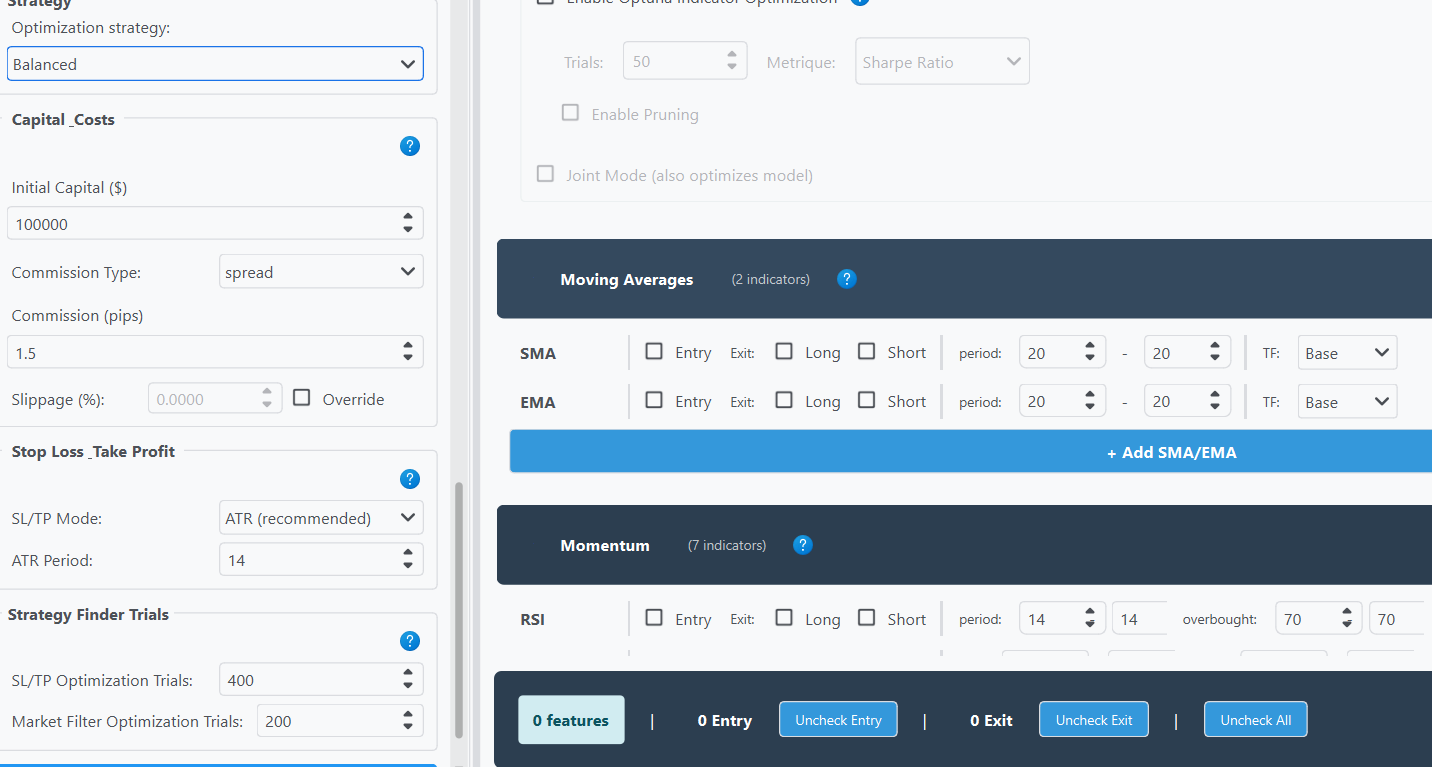 Panneau de configuration AlgoBacktest - choix des indicateurs et parametres